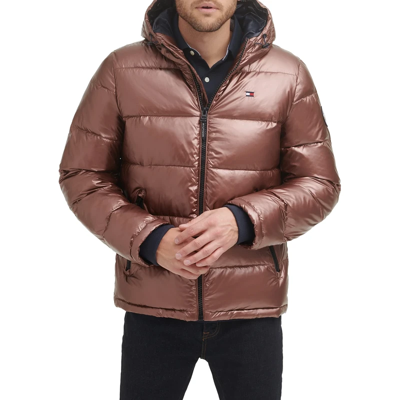 Tommy Hilfiger Men's Hooded Puffer Jacket, Pearlized Brown, Large