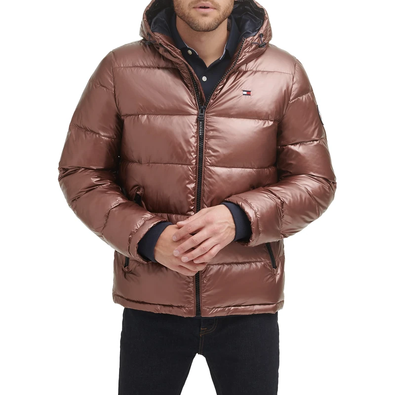 Tommy Hilfiger Men's Hooded Puffer Jacket, Pearlized Brown, Medium