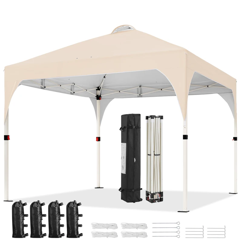 Yaheetech Pop Up Gazebo, 3x3m Garden Instant Shelter Waterproof Garden Patio Canopy with 4 Sandbags, 4 Ropes & 12 Stakes, Wheeled Bag, Metal Frame, Adjustable Height, Top Air Vent, Beige