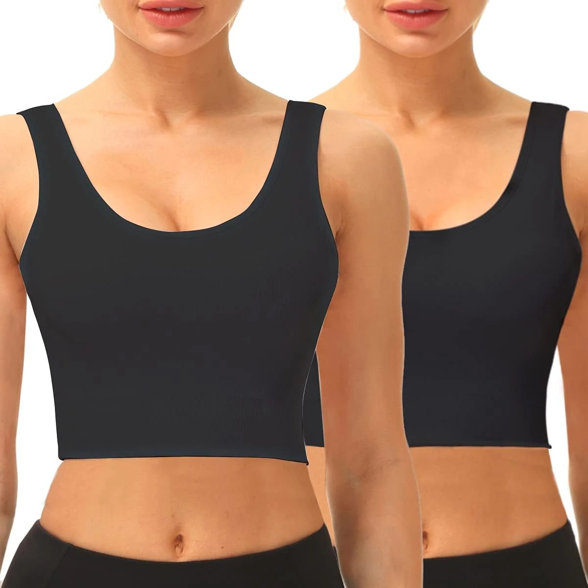 SIMIYA Women Seamless Sports Bra Wireless Compression Bra Without Pading Comfort Yoga Crop Tops Vest for Running Sports Fitness(2 Pack Black,M)