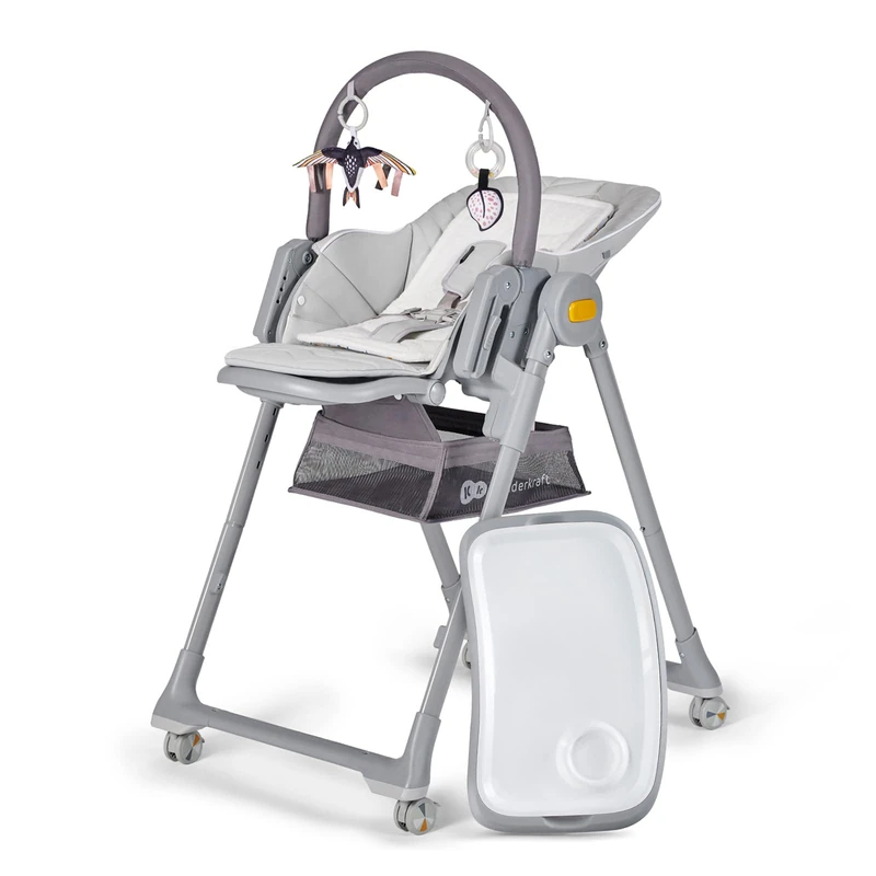 Kinderkraft LASTREE Evolutionary Wooden Folding Baby Highchair, Baby Hammock with Arch 2 Toys, Adjustable Footrest Seat, Lying Position, Grey