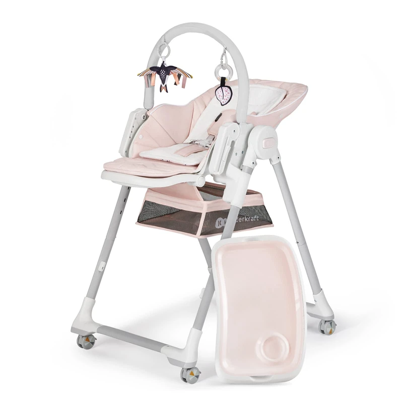 Kinderkraft LASTREE Foldable Evolving Wooden Baby high Chair, Baby Hammock with Bow 2 Toys, Adjustable footrest seat, Lying Position, Pink