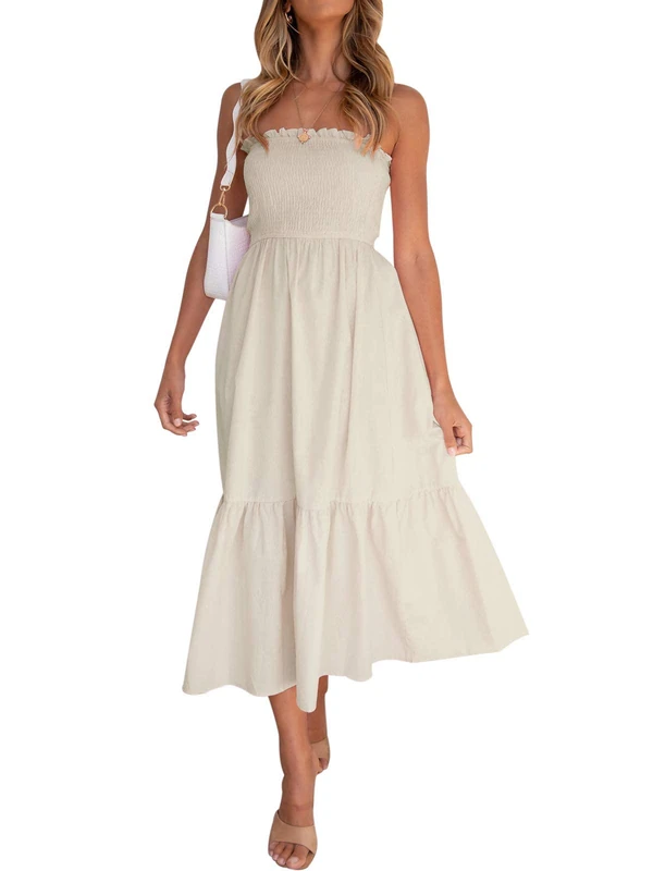 ZESICA Women's Summer Strapless Dress Off Shoulder Sleeveless High Waist Solid Color Beach Long Dresses, Solidbeige, Medium