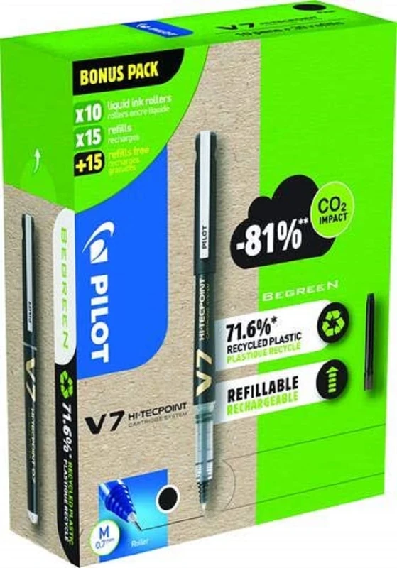 Pilot Greenpack V7, Eco, 0.7mm, Black, 10 Pens and 30 Refills