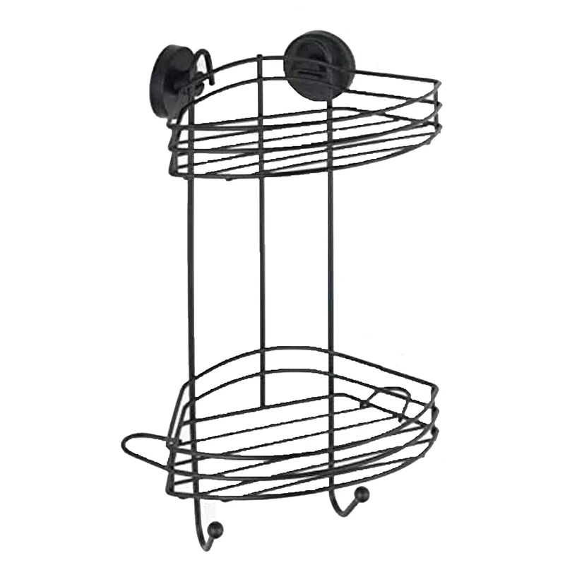 WENKO Vacuum-Loc® Corner Shelf, 2 Levels, Black, Shower Shelf with 2 Levels and 2 Hooks Made of Lacquered Steel in Loft Style, Wall Shelf for Fixing No Drilling with Vacuum Fixing, 23 x 43 x 21 cm