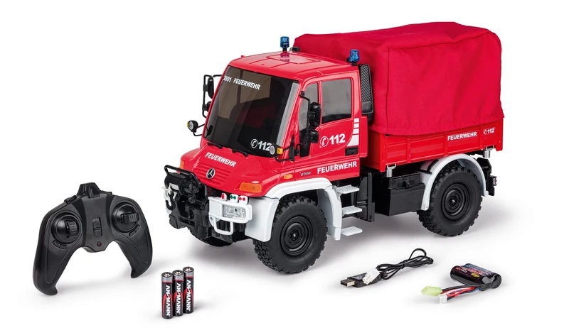Carson 500907721 1:12 MB Unimog U300 Firew. 2.4G 100% RTR Remote Controlled Vehicle, RC Vehicle, RC Unimog with Functions, 100% Complete Set Red