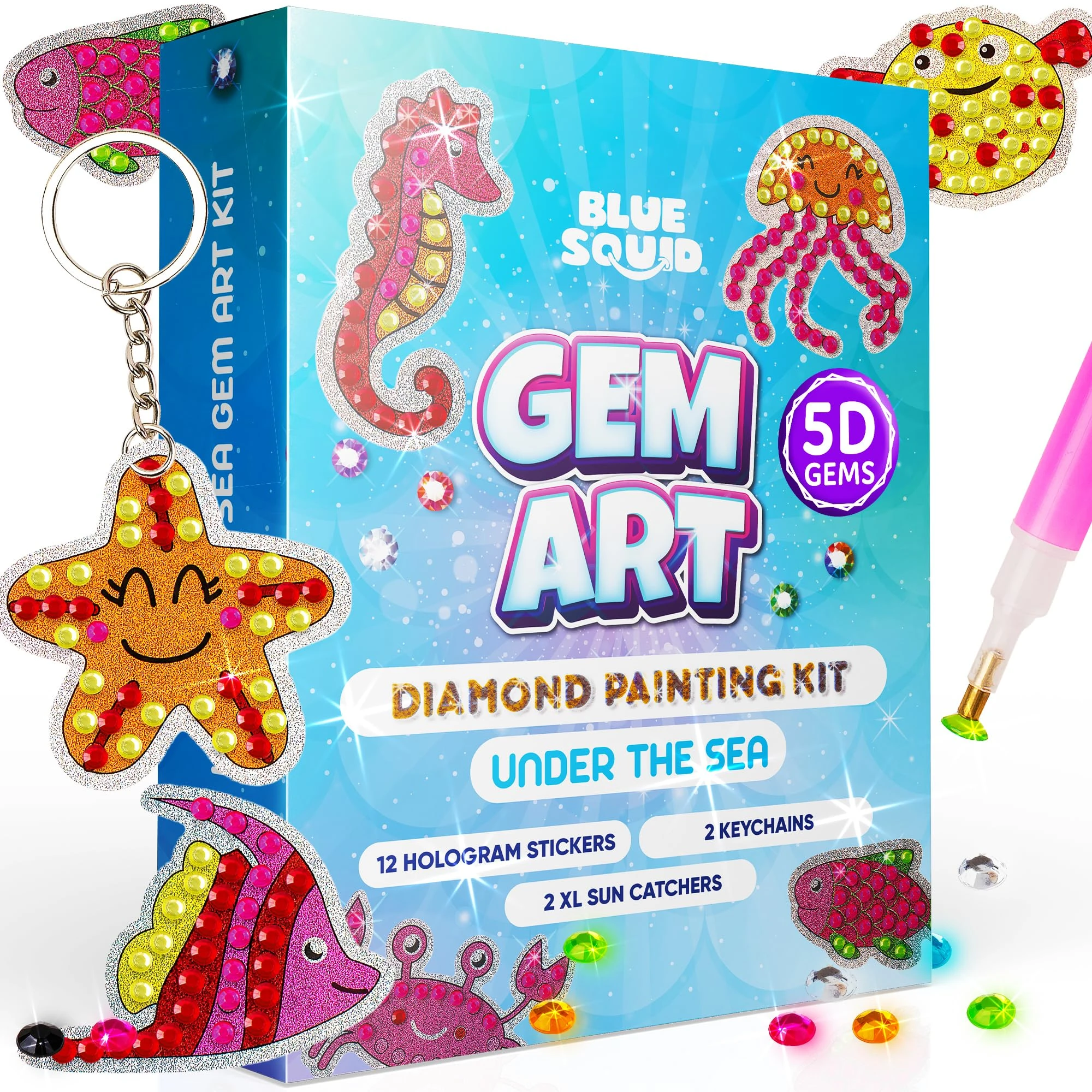 Blue Squid Diamond Art for Kids – Under The Sea - Fun & Easy DIY 5D Gem Art Kits Kids Gift Set for Gem Keychains, Stickers, Sun Catchers - Diamond Painting for Kid Girls, Boys Ages 6-12