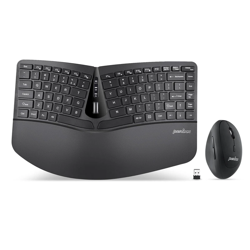 Perixx PERIDUO-606 Wireless Mini Ergonomic Keyboard with Portable Vertical Mouse - Adjustable Palm Rest Stand - Membrane Low Profile Keys - US English