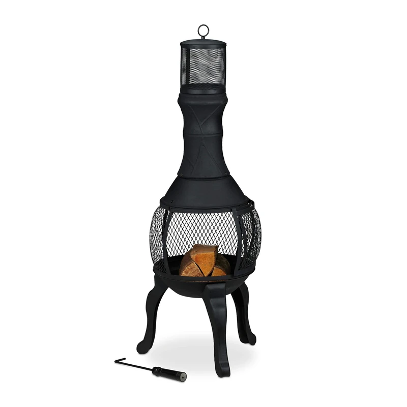 Relaxdays Outdoor Stove, Oven, Chimenea, H x W x D: 113 x 38 x 38 cm, Cast-Iron, Black