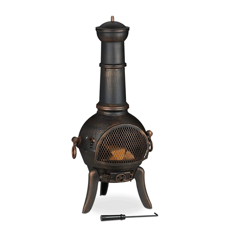 Relaxdays Terrace Oven, Outdoor Stove, Chimenea, H x W x D: 110 x 53 x 44 cm, Cast-Iron, Bronze Colour