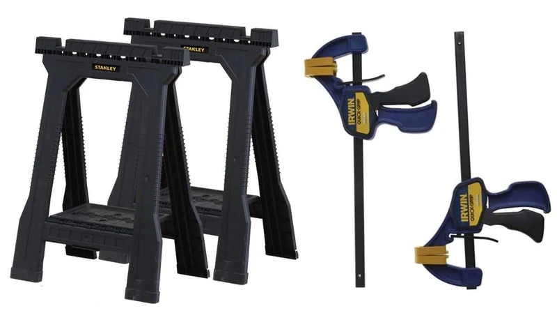 STANLEY Folding Junior Work Bench Saw Horse Twin Pack, with Tray for Tools and Small Parts, STST1-70355 with IRWIN QUICK-GRIP 150mm (6") Mini Clamp - 2 Pack
