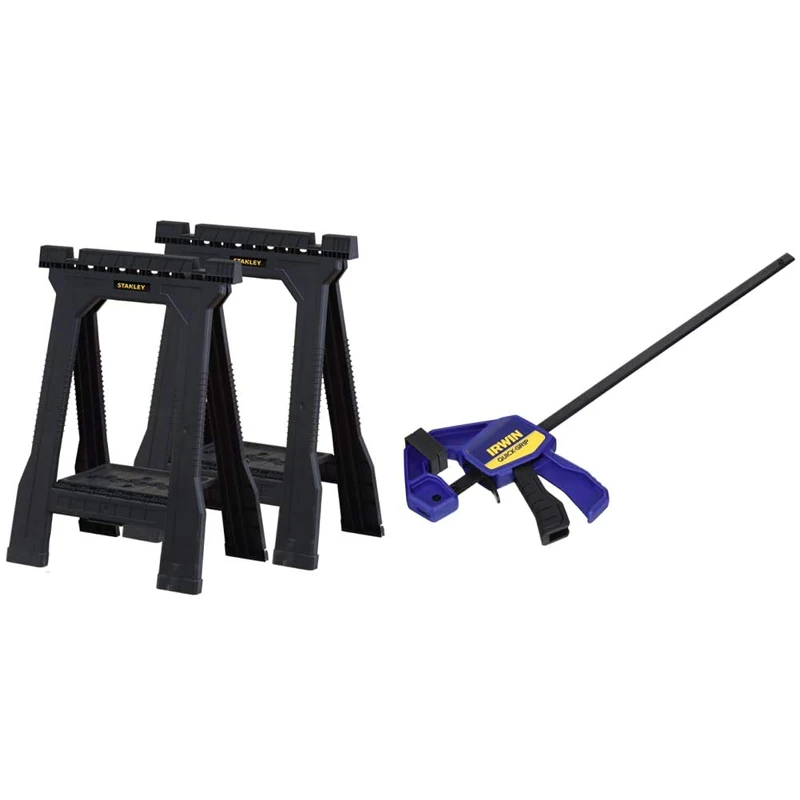 STANLEY Folding Junior Work Bench Saw Horse Twin Pack, with Tray for Tools and Small Parts, STST1-70355 with Irwin Q/G54122QC Quick-Grip Mini Clamp, 300mm, Pack of 2