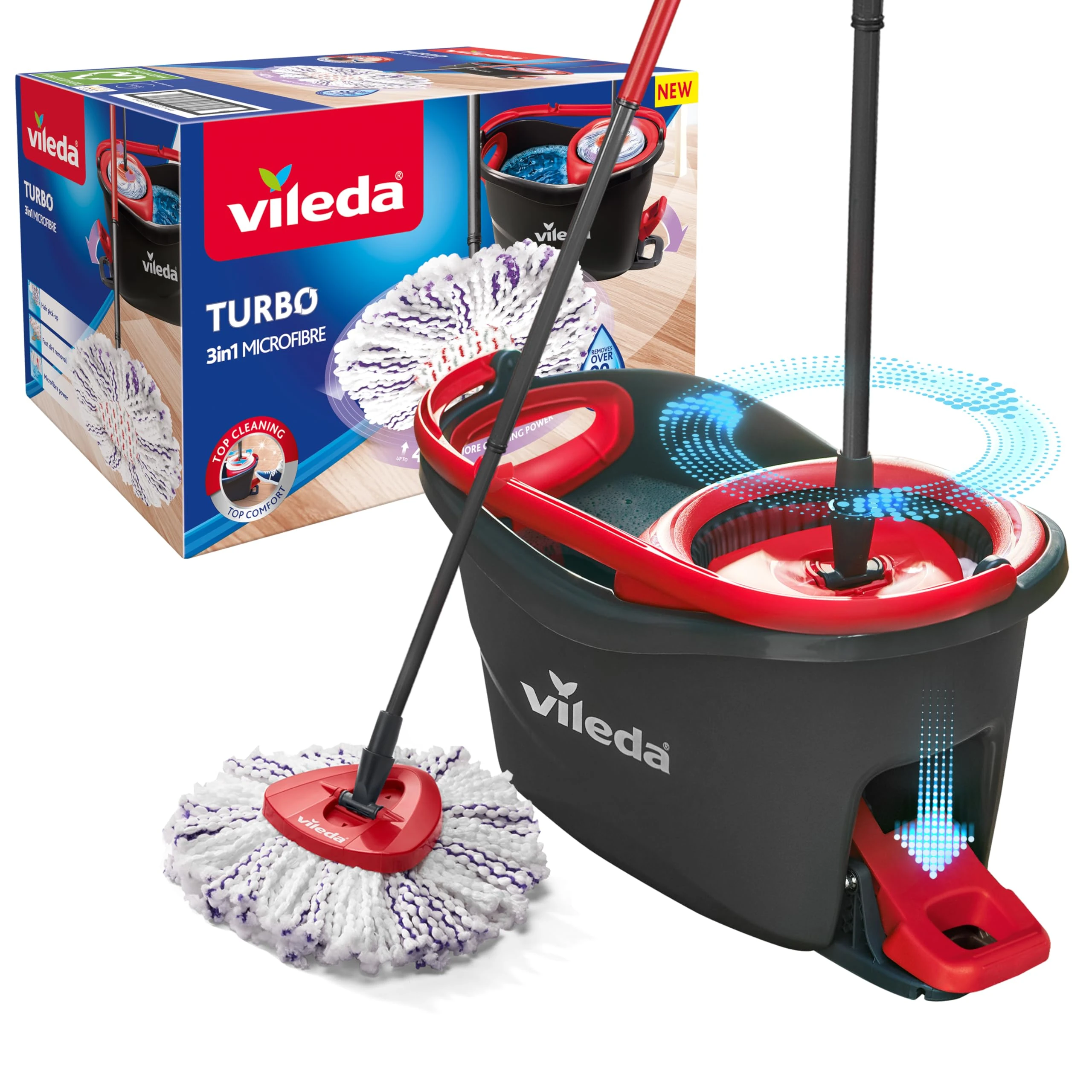 Vileda Turbo 3 in 1 Mop and Bucket Set with Microfibre Mop Head, Spin Mop & Bucket For Cleaning All Hard Floors, Effortless Wringing with Foot Pedal, Scrubbing Pad on Mop Head for Stubborn Dirt