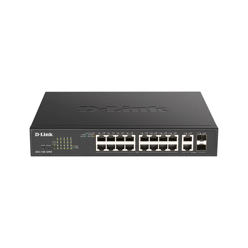 D-Link DGS-1100-18PV2 Smart Managed Gigabit PoE Switch, 18-Port Layer 2 Network Switch, 16 PoE+ Ports, 130W PoE Budget, VLAN, QoS, Surveillance VLAN, Rackmount