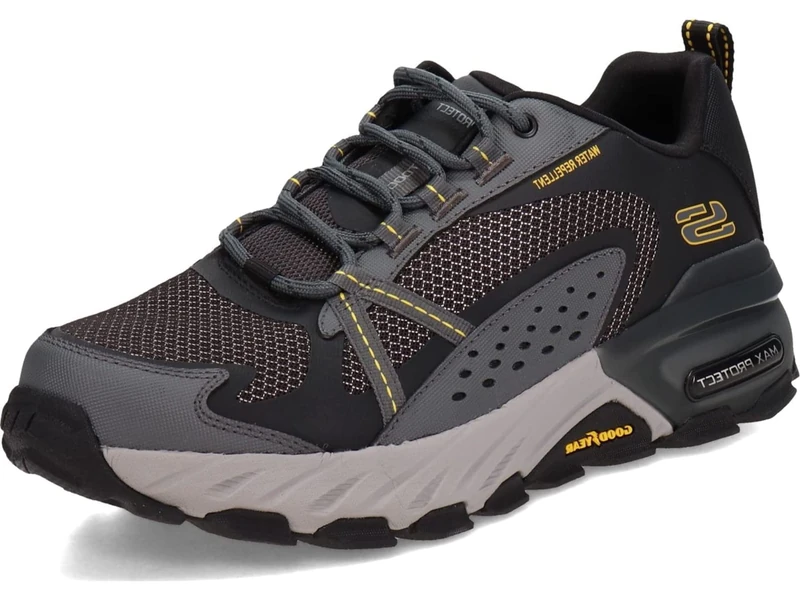Skechers Men's Max Protect Sneaker, Black Leather/Synthetic/Mesh/Charcoal Trim, 11 UK