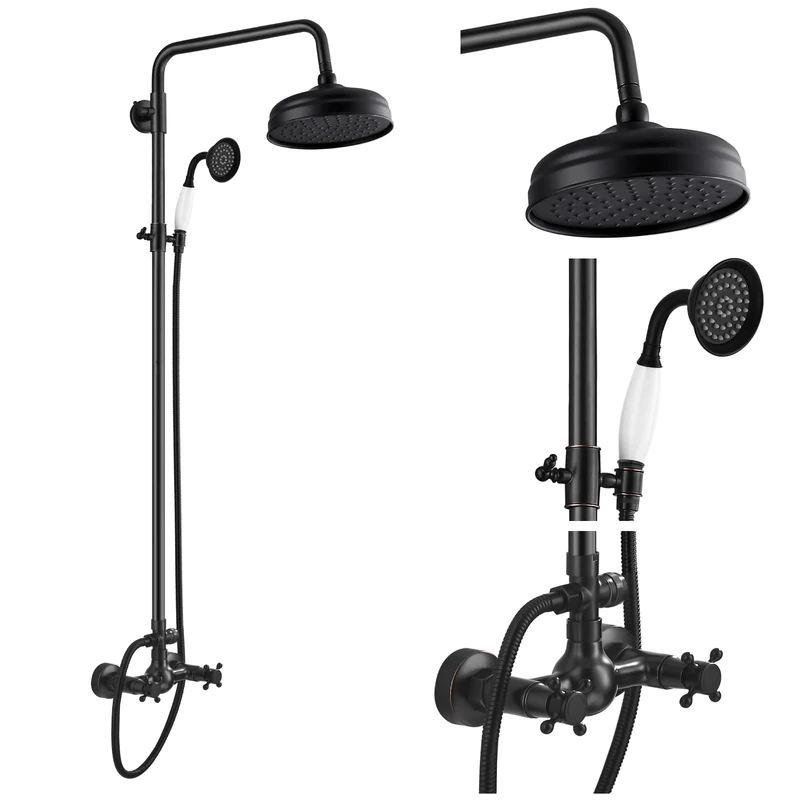 Oil Rubbed Bronze Exposed Shower System Fixture Set 8 Rain Shower Head 2 Double Knobs Cross Handle Bathroom Shower Faucet Combo Unit Set Dual Function