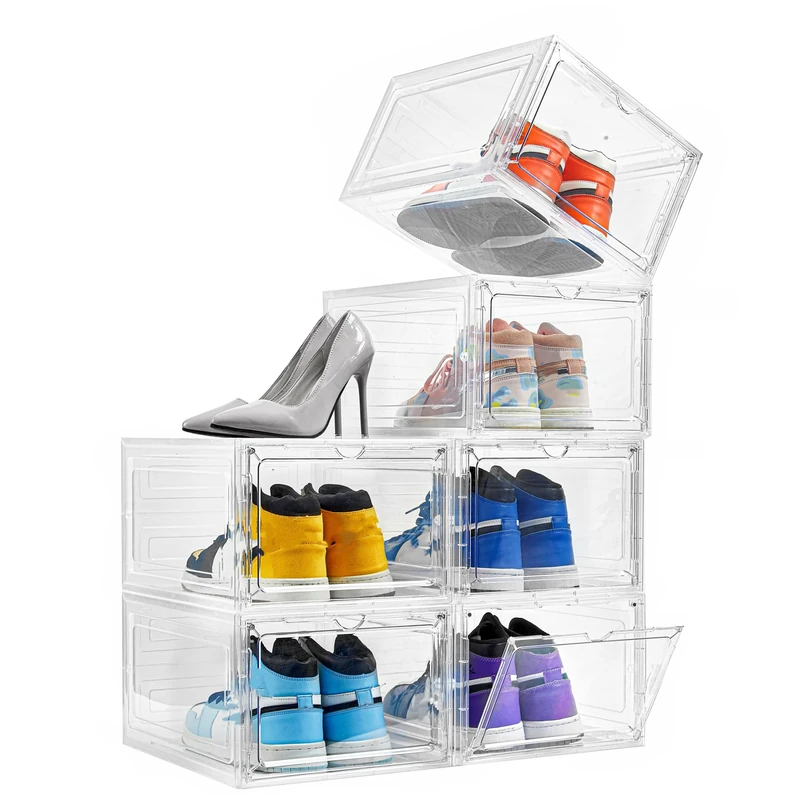 Attelite Drop Front Plastic Shoe Box with Clear Door,Set of 6,Stackable,For Display Sneakers,Easy Assembly,Fit up to US Size 12(13.4”x 10.6”x 7.4”)