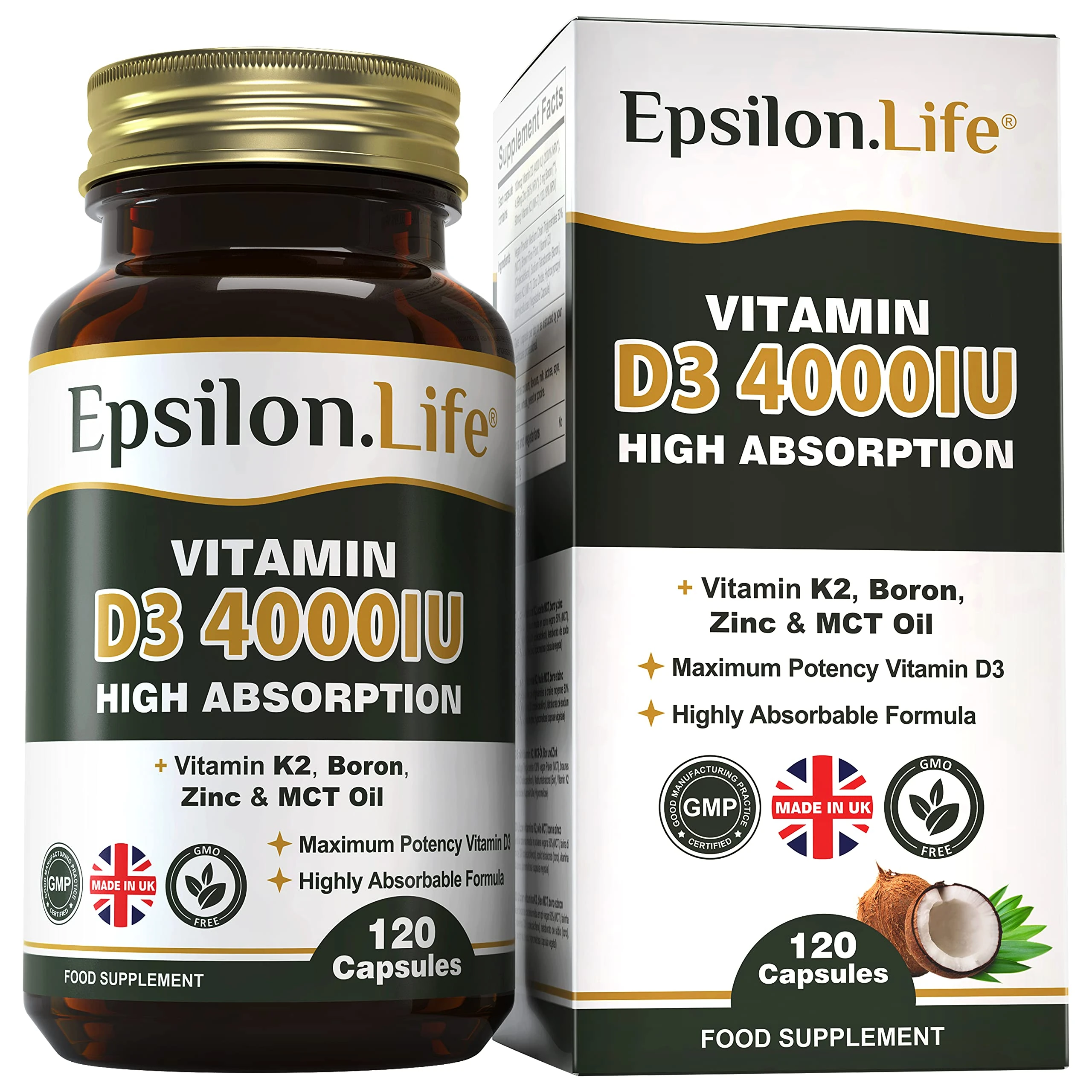Vitamin D3 and K2 with Zinc - High Strength 4000IU Vitamin D & K2 MK7 Formula - Includes Boron & MCT Oil for Optimal Absorption - 120 Capsules (4 Month Supply) - No Fillers - Made in The UK