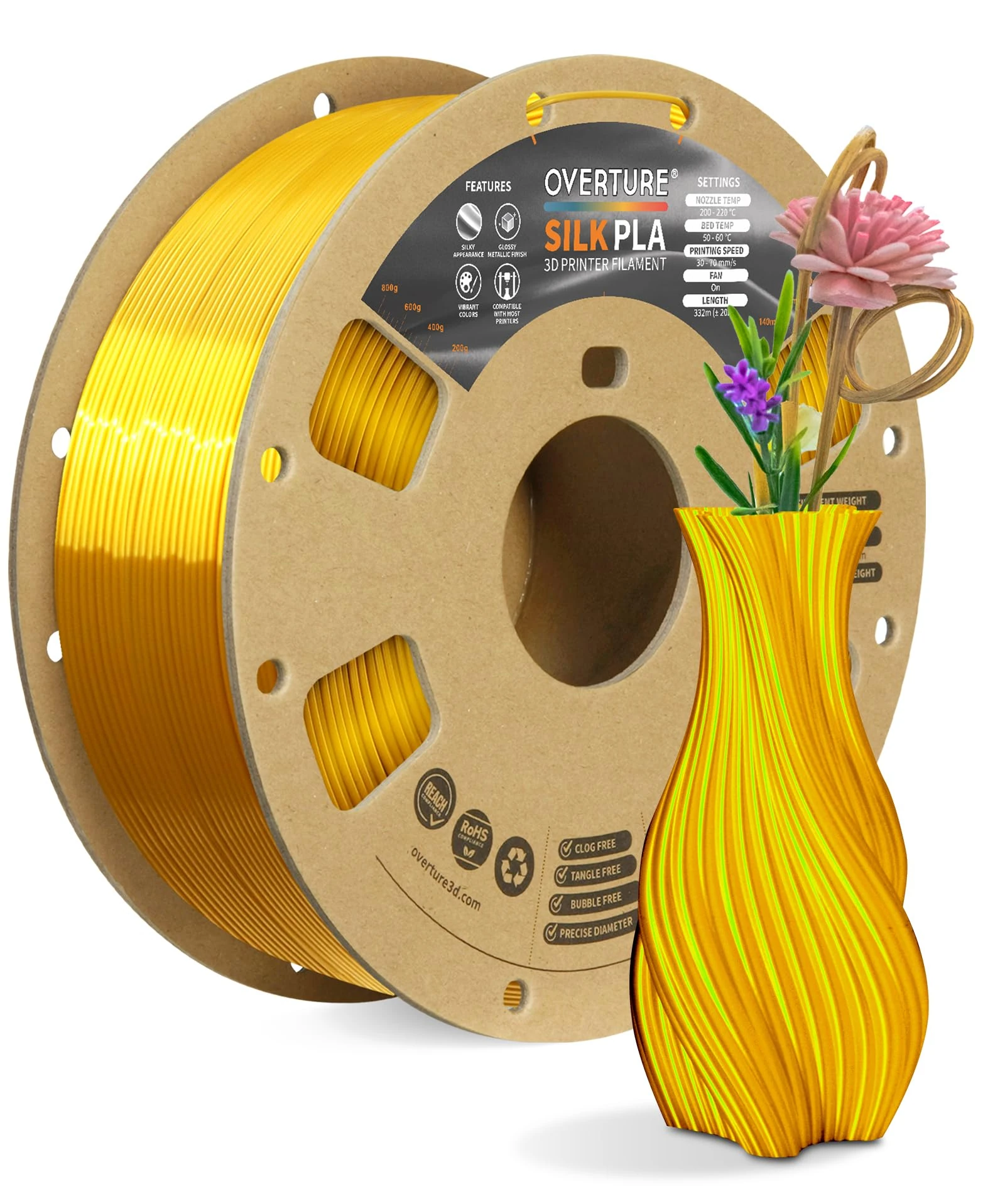 OVERTURE Silk Filament PLA 1.75mm Clog-Free Shiny 3D Printer Consumables, 1kg Spool (2.2lbs), Dimensional Accuracy +/- 0.02 mm, Fit Most FDM Printer (Silk Gold)