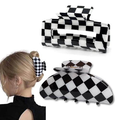 Big Hair Claw Clips Large Womens Checkered Hair Clips For Thick Hair Strong Hold Hair Jaw Clips Clamps Black And White Jaw Clip (2 Pack)