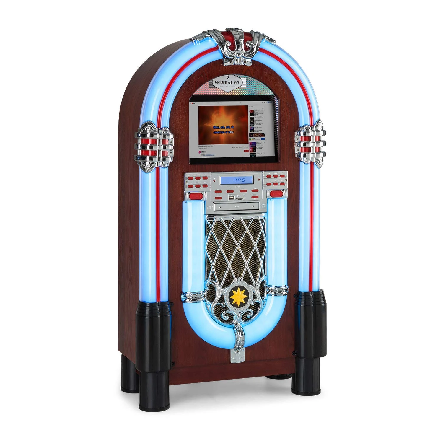 auna Graceland Touch - Jukebox, BT function, CD player, 12" touch control WLAN interface, LED light effects, USB port, SD slot, microphone input, FM radio & radio via Internet (WLAN) - Dark Brown