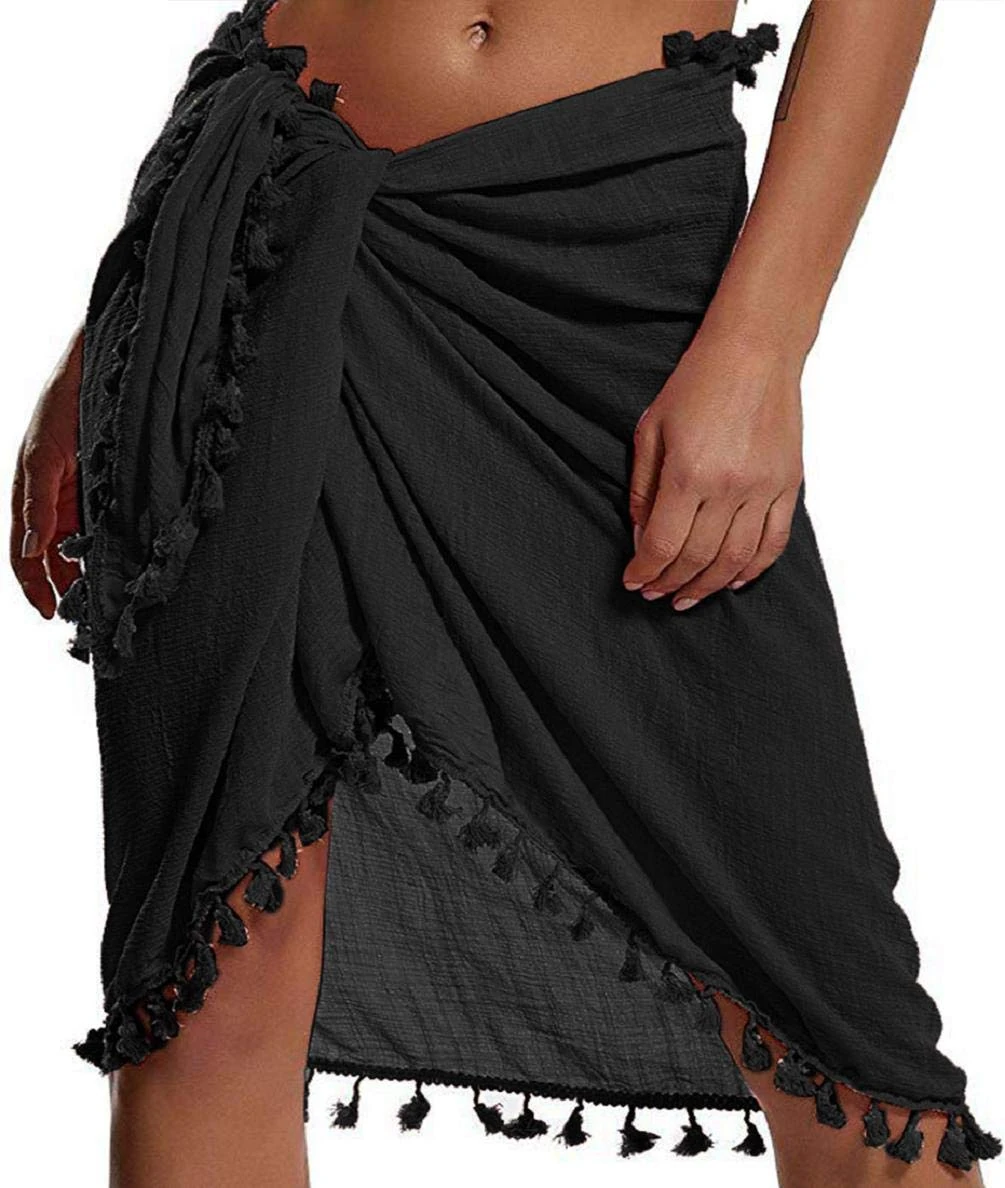 Voqeen Swim Sarong Coverups for Women Swimsuit Beach Wrap Sarong Beach Scarf Cover Up Pareo with Tassel for Bikini Swimsuit Skirt Holiday Beach Wear Cover ups Black
