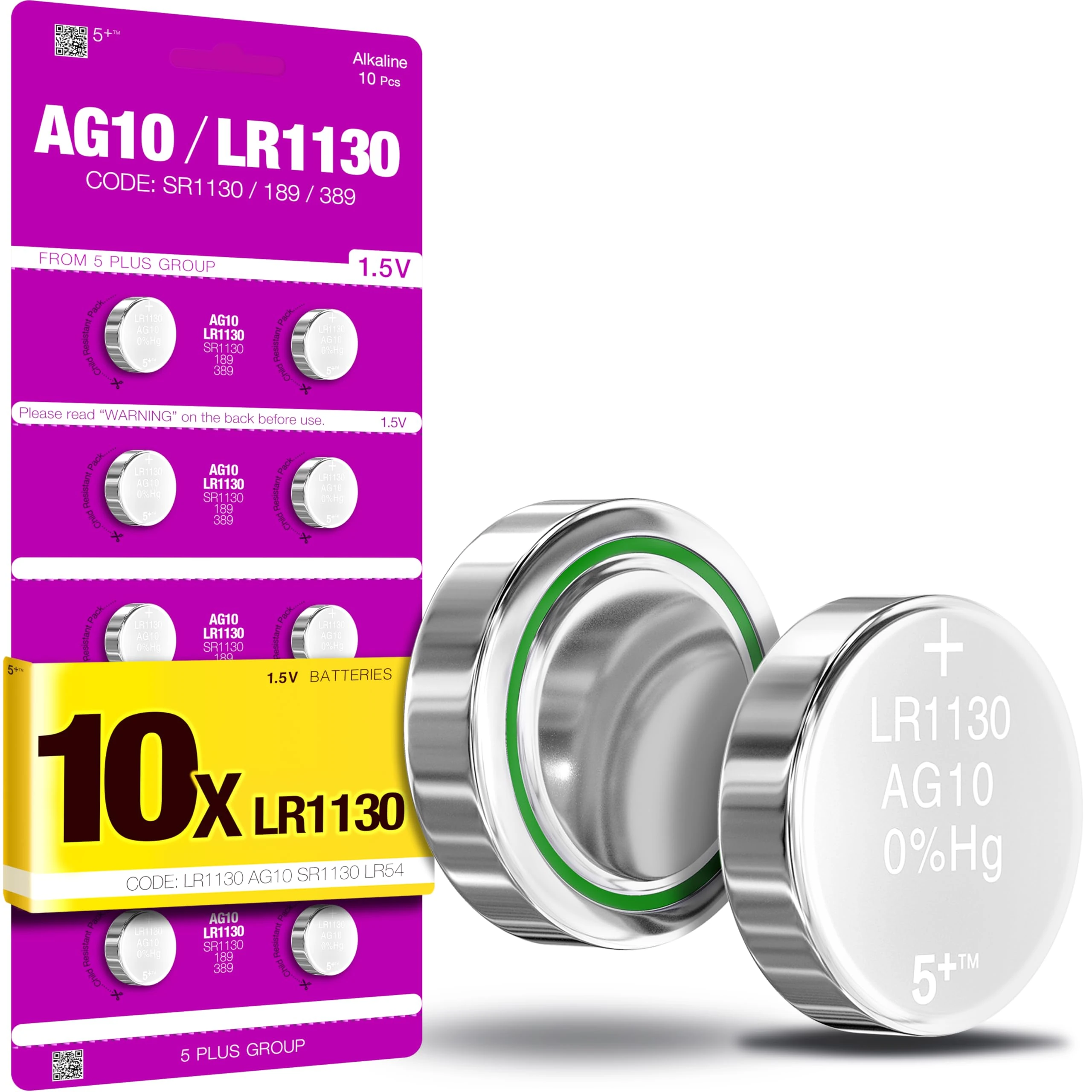 5Plus 10-Pack LR1130 AG10 SR1130 SR1131 389 390 LR54 189 387A 1.5V Button Cell Batteries – Alkaline Coin Batteries for Watches, Calculators, Toys, Remotes, Small Electronics