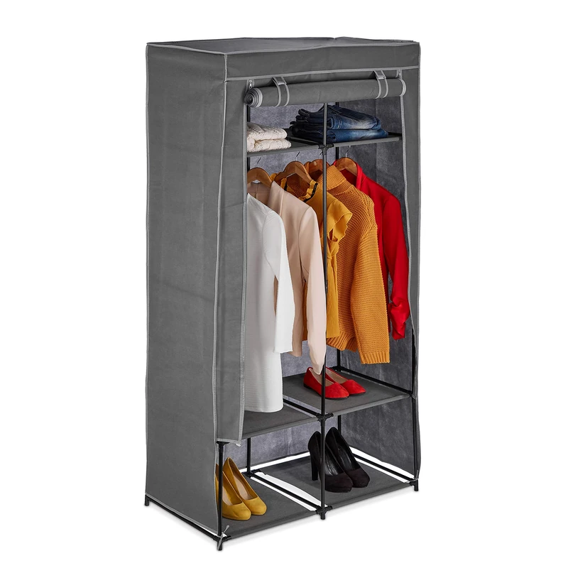 Relaxdays Fabric Wardrobe with 2 Rails & 6 Shelves, HWD: 172 x 90 x 45 cm, Folding Closet, Clothes Storage, Grey, Iron