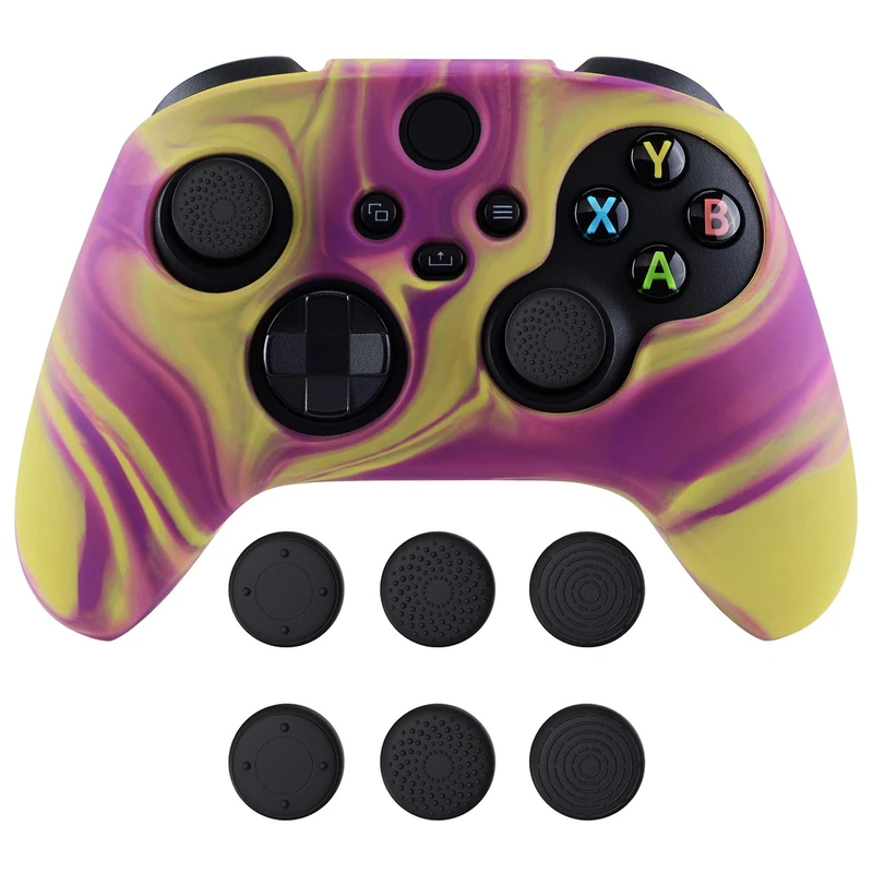 playvital Two Tone Purple & Yellow Camouflage Anti-Slip Silicone Cover Skin for Xbox Series X Controller, Soft Rubber Case Protector for Xbox Series S Controller with Black Thumb Grip Caps