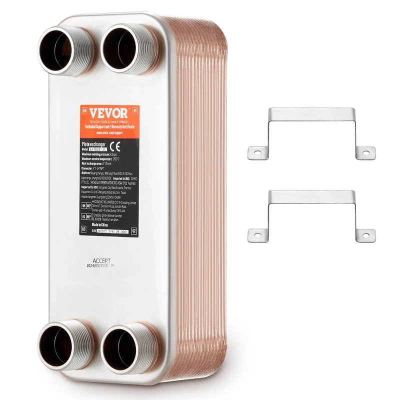 VEVOR 5"x12" 30 Plate Brazed Plate Heat Exchanger - Copper/316L Stainless Steel for Floor Heating, Water Heating, Snow Melting, Beer Cooling
