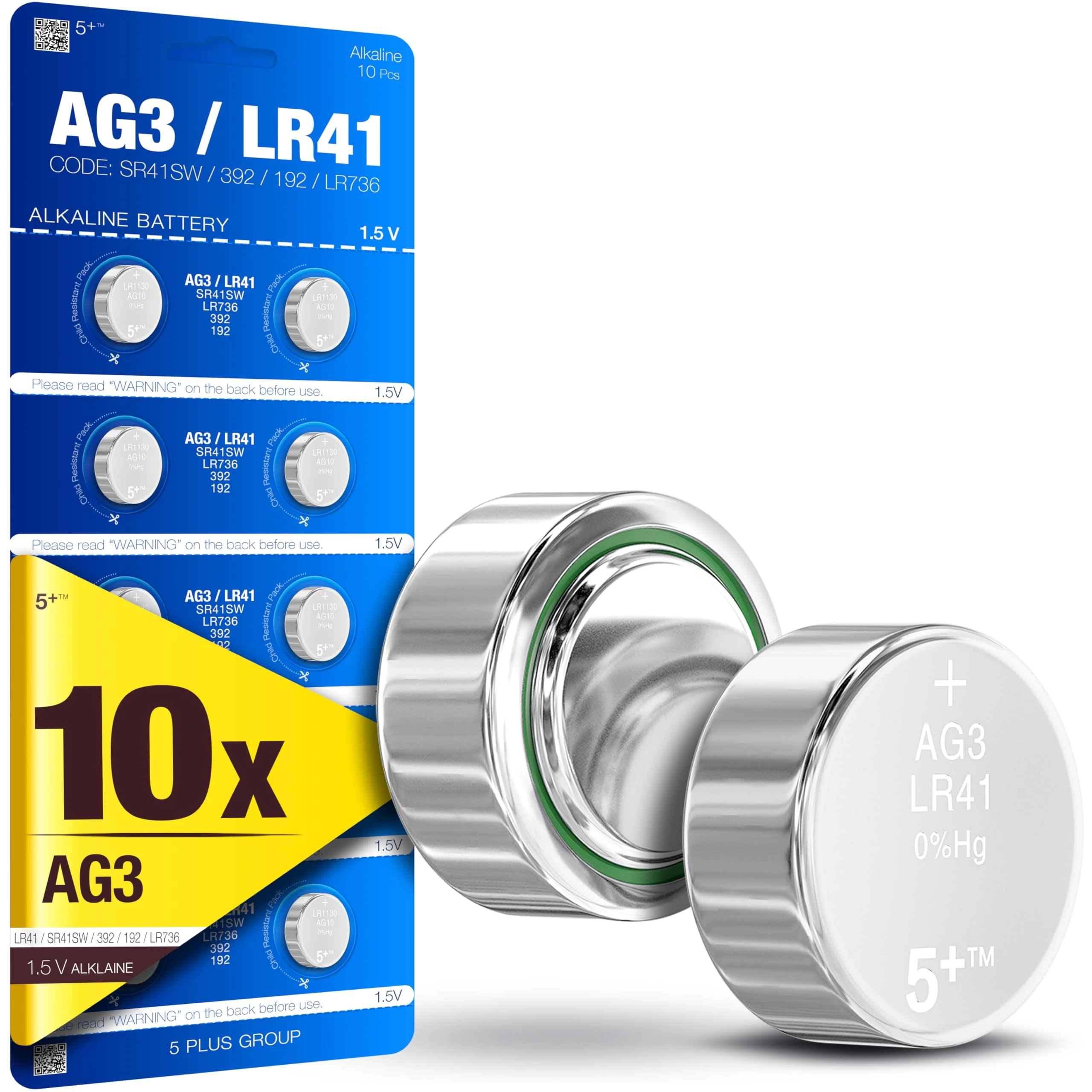 5Plus 10-Pack LR41 AG3 392 192 SR41SW L736 LR736 1.5V Alkaline Button Cell Batteries – Long-Lasting Power for Watches, Calculators, Toys & Small Electronics