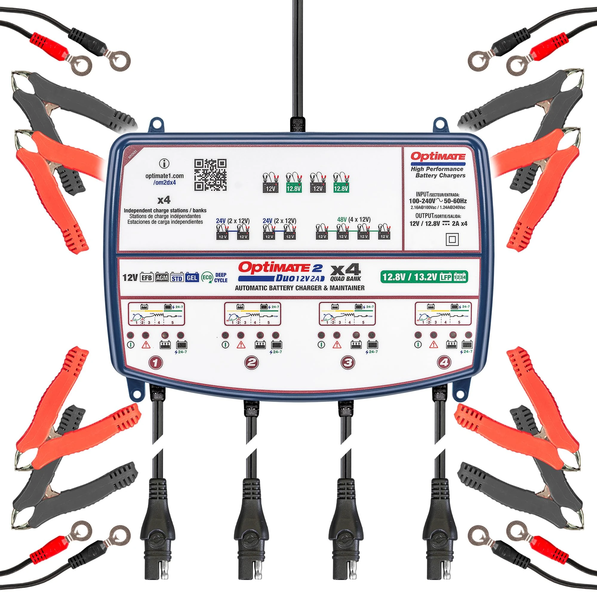 OptiMate2 DUO x 4-BANK, 2A Battery Charger & Maintainer for all 12/12.8V Cars, Motorcycles and Powersport Batteries
