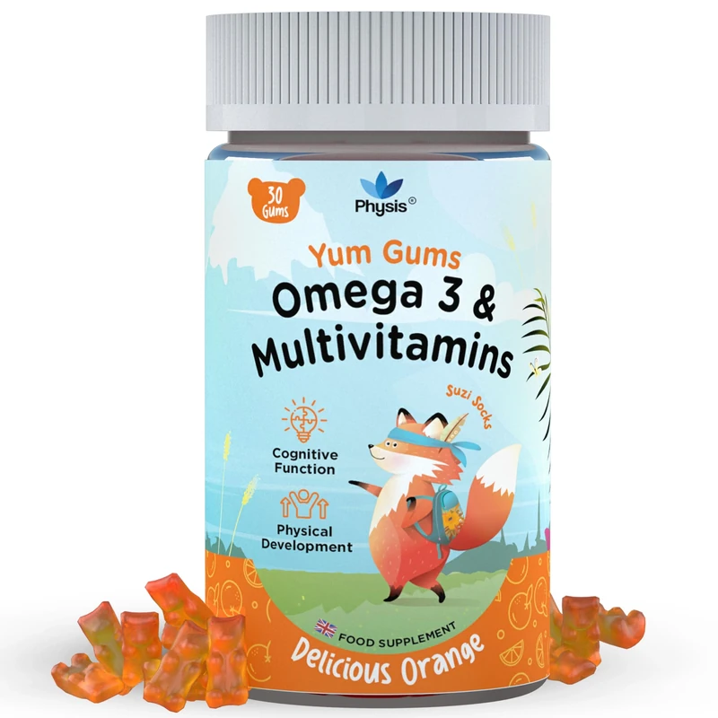 Physis Kids Multivitamin Omega Gummies | Ages 2+ | 30 Orange Flavour Chewable with Vitamins C, D, Omega 3 & More | Kids Vitamins Chewies for Cognition, Energy & Growth | Children's Multivitamins