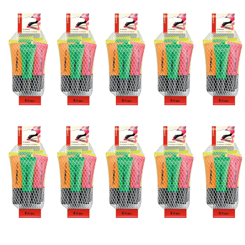 STABILO Highlighter NEON - 10 x Pack of 8-4 x yellow, 2 x green, 1 x orange, 1 x pink