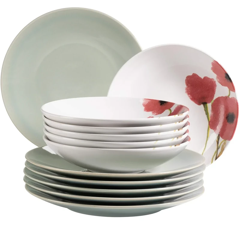 MÄSER 931928 Ossia Aguarela Plate Set for 6 People in Partially Decorated Vintage Look, 12-Piece Dinner Set, 6X Light Turquoise Dinner Plates and 6X Soup Plates with Decoration, Poppy, Stoneware