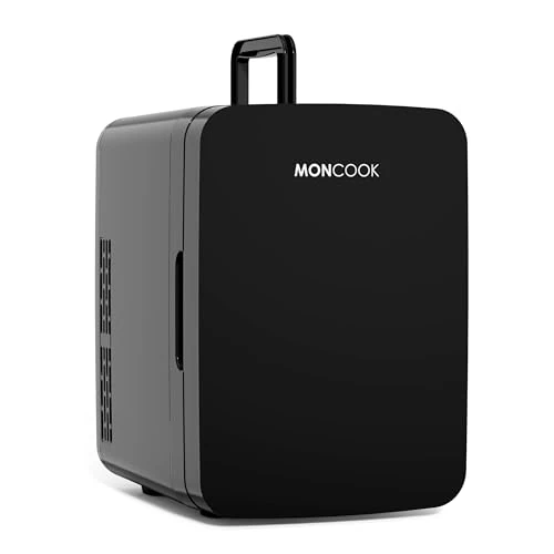 MONCOOK Mini Fridge For Bedrooms - Small, Portable & Quiet - Glass Door Mini Fridge For Skincare, Food & Drinks - Cooling & Warming Function - Perfect For Home, Office, Car Or Travel - 10L Black