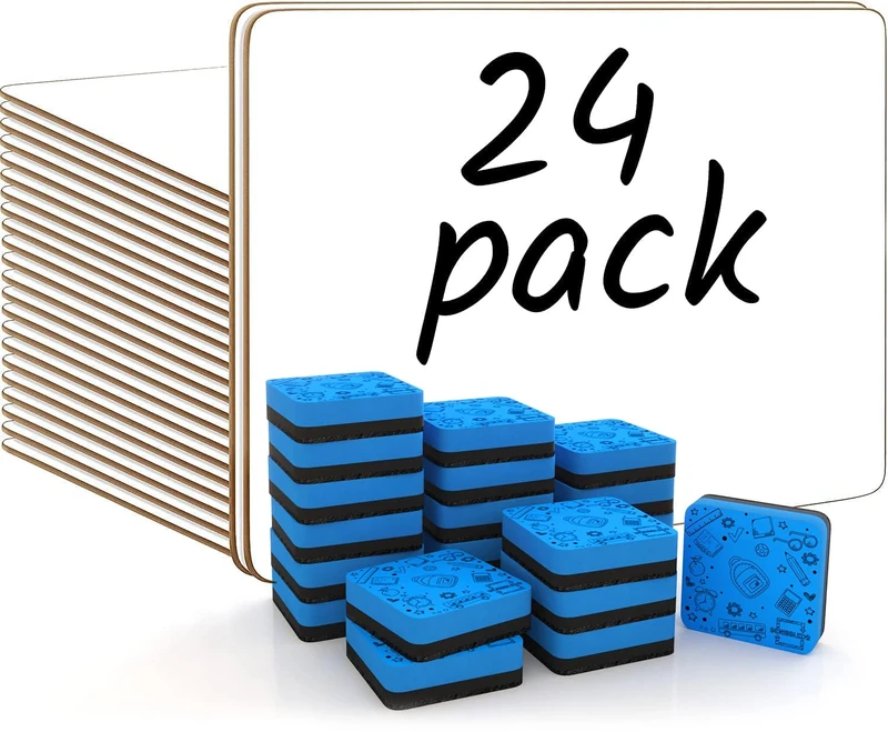 Set of 24 Small White Board Dry Erase Boards Classroom Pack Mini White Boards 9" x12” Double Sided Personal Whiteboards for Students Teachers School Supplies Lapboards l 24 Mini Erasers Incl