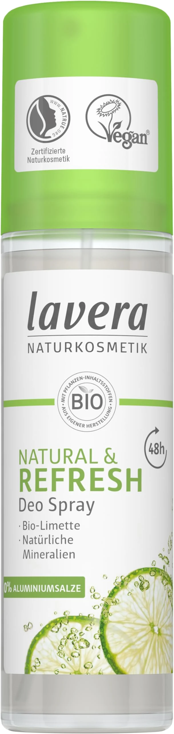 lavera, Natural Refresh Deodorant Spray Vegan Natural Cosmetics Organic Lime Natural Minerals without Aluminium Reliable Protection for a Fresh Skin Feeling 48 Hours Deodorant Protection 75 ml, Lime,
