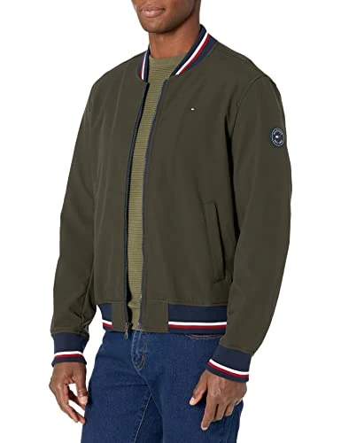 Tommy Hilfiger Men's Lightweight Varsity Rib Knit Bomber Jacket Shell, Olive Softshell, XXL