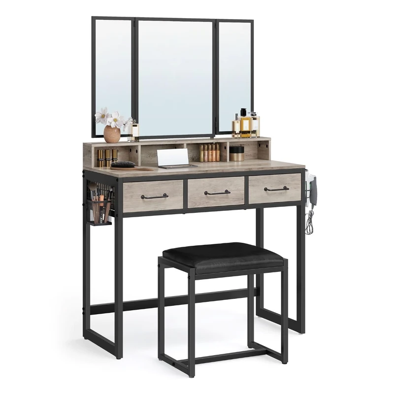 VASAGLE Dressing table with 3-piece folding mirror, hair dryer holder, cosmetic table with padded stool, 3 drawers, industrial design, greige and black, RVT004B02