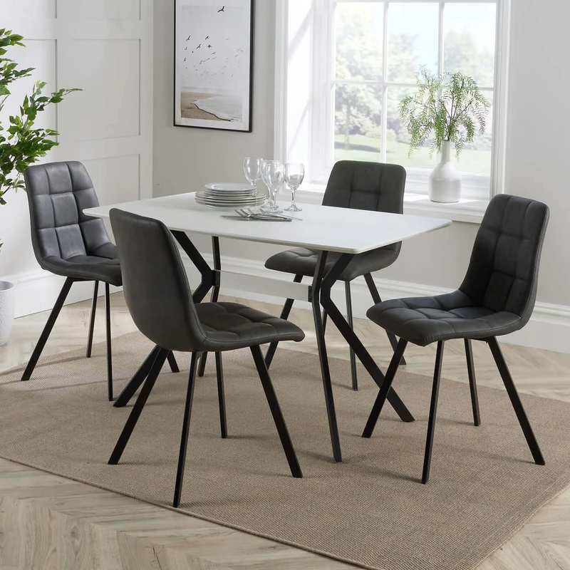 Home Source Dining Kitchen Table And 4 Grey Fabric Chairs, Black Metal Legs, Wood