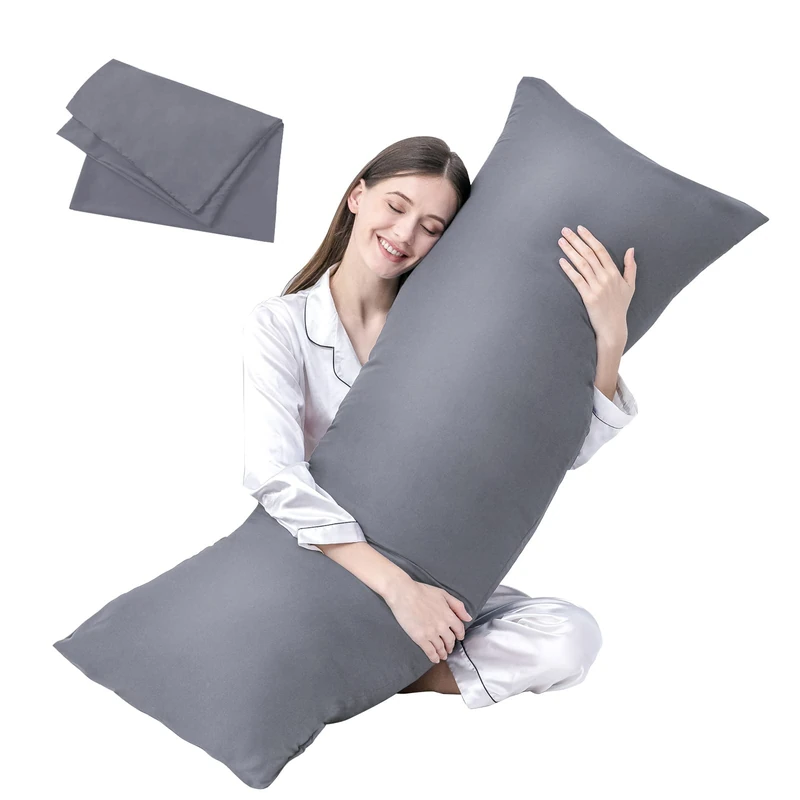 DOWNCOOL Luxury Full Body Pillow Insert with Fiber Cover - Ultra Soft Body Pillow for Sleeping - Breathable Long Bed Pillow Insert, 20"x54"(Grey, with Cover)