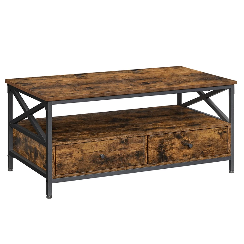 VASAGLE Coffee Table, Living Room Table, Low Sideboard, with 2 Drawers and One Open Compartment, Steel Frame X-Shape, 100 x 55 x 45 cm, Industrial Style, Rustic Brown and Black LCT201B01