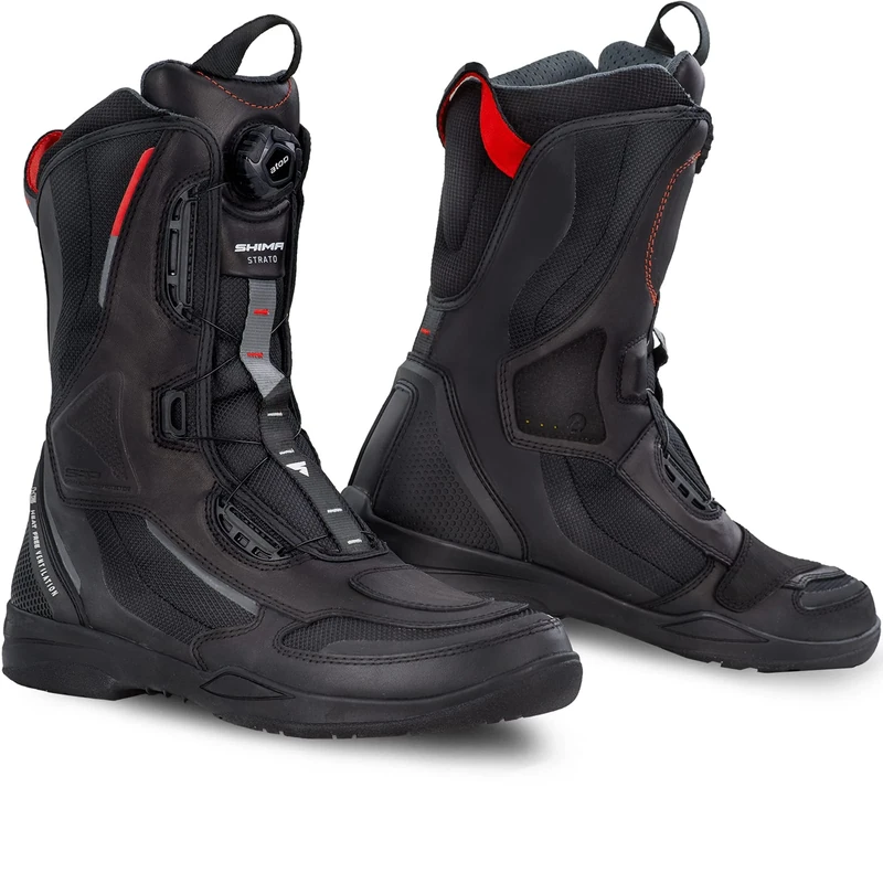 SHIMA STRATO Motorcycle Boots for Men - Vented, Reinforced Lightweight Long Biker Riding Boots with ATOP Fast-Closure System, Ankle Protection, Non-slip Sole, Reflective Panels (Black, 9)