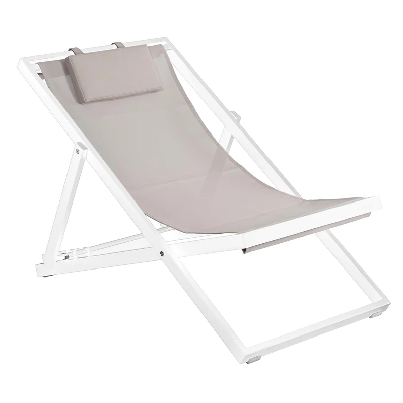 Duramax Newport lounger, 3 Reclining seat with comfy headrest, Foldable aluminium lounger for decks, patios, pools, beach & more, Garden sun lounger chair, With head rest, White frame with Taupe sling - Image 1