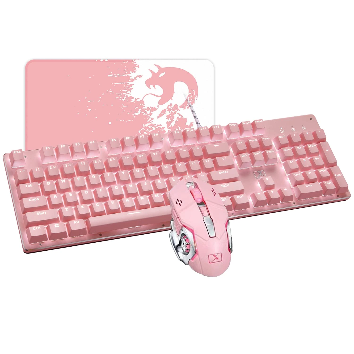 LexonElec USB Wired Mechanical Gaming Keyboard Blue Switch White LED Backlit,104-Key Anti-Ghosting + 2400DPI Optical 6 Buttons PC Game Mouse Compatible with PC Office, Play Games (Pink)