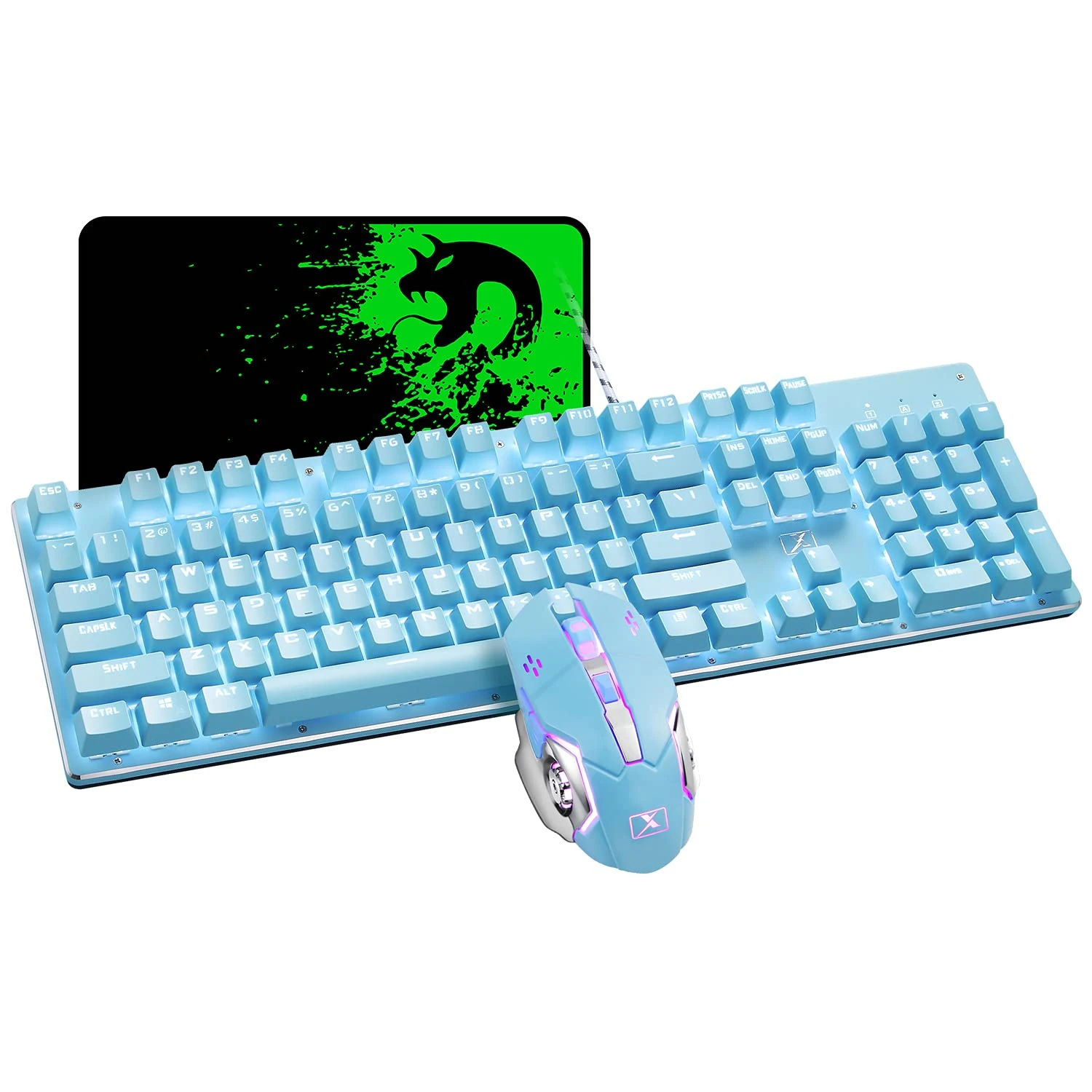 LexonElec USB Wired Mechanical Gaming Keyboard Blue Switch White LED Backlit,104-Key Anti-Ghosting + 2400DPI Optical 6 Buttons PC Game Mouse Compatible with PC Office, Play Games (Blue)