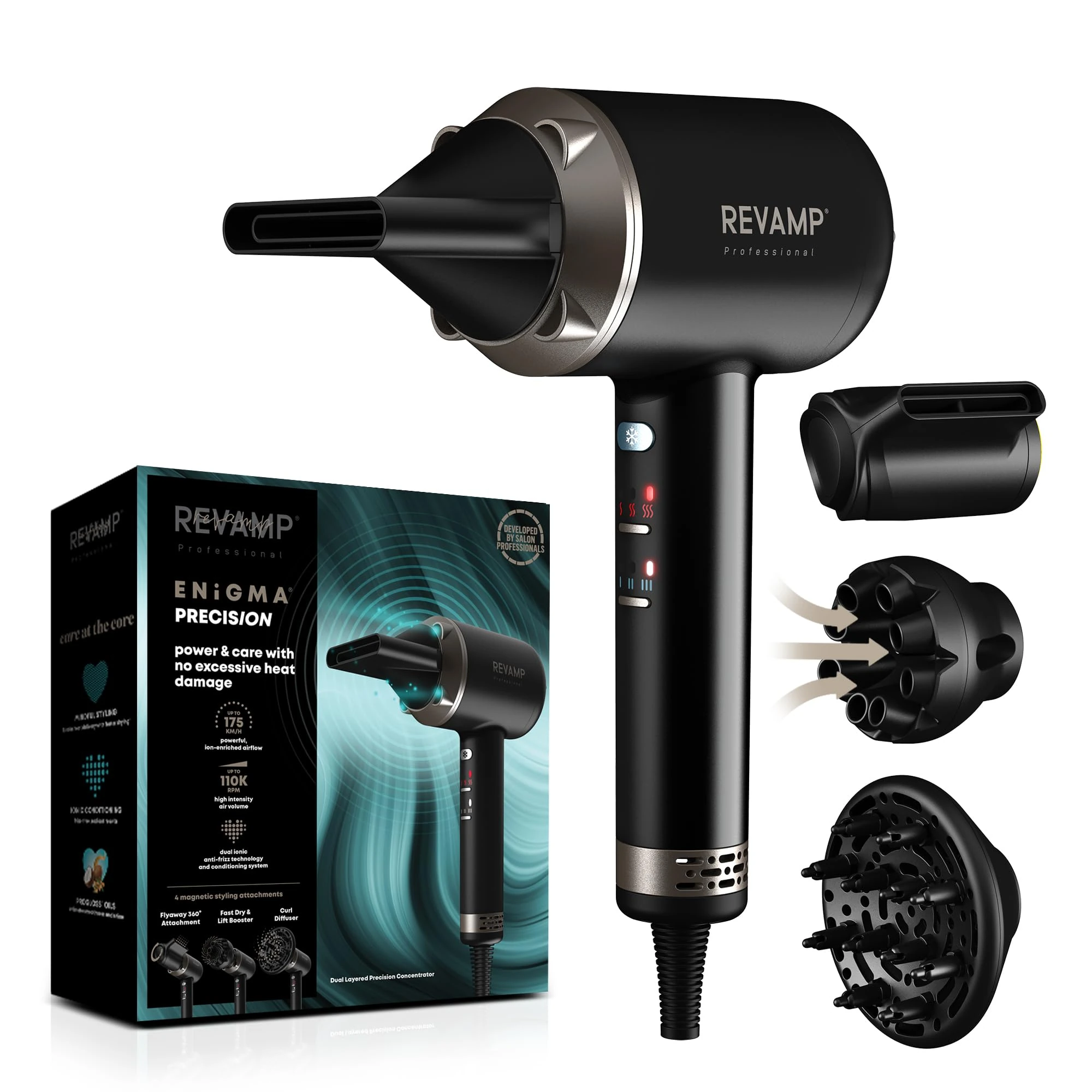 REVAMP Enigma Precision Ionic Hair Dryer, Brushless Motor for Low Noise, Powerful, Quiet Drying - Lightweight Hairdryer, 4 Magnetic Curl Diffuser & Styling Attachments - Salon Professional Blow Dryer