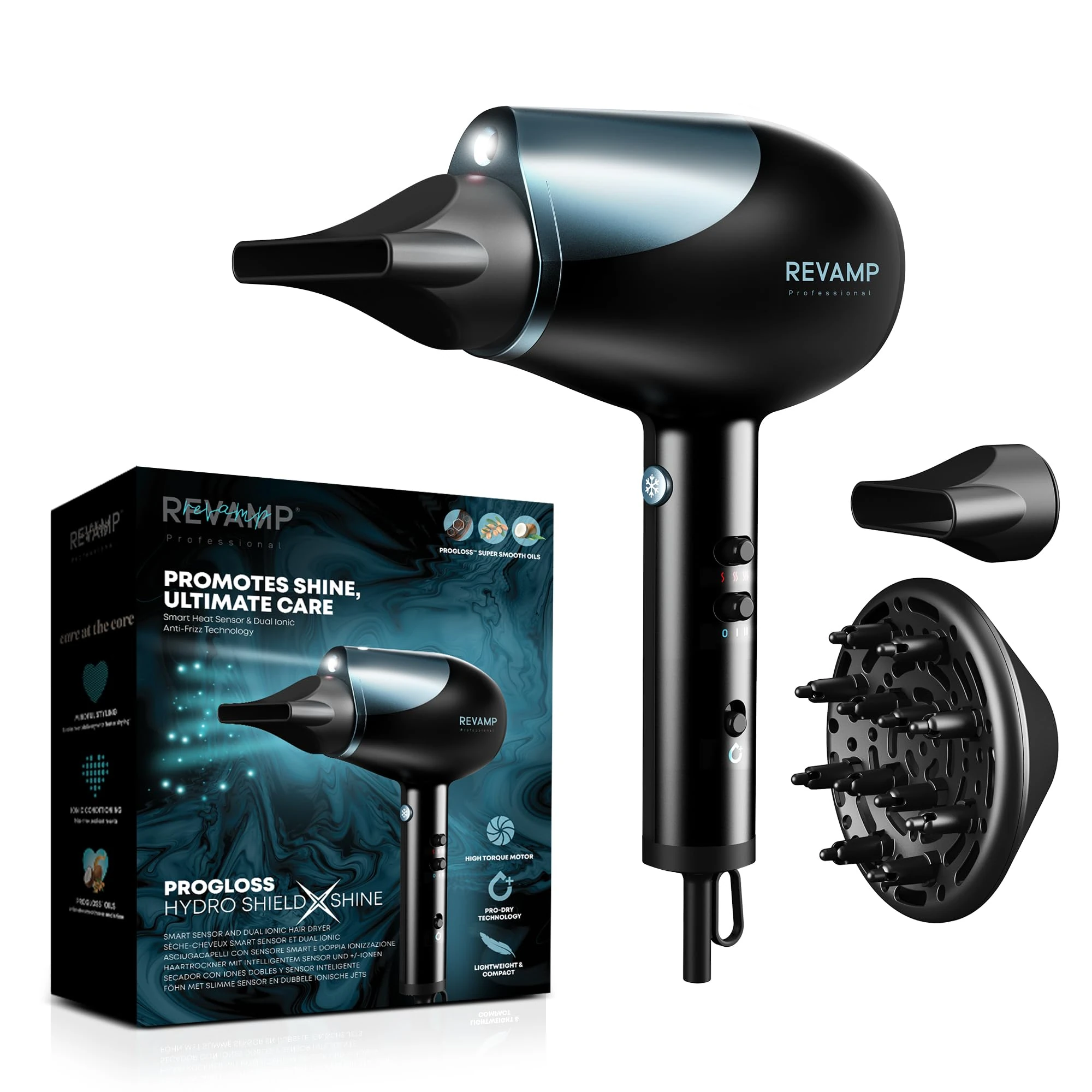 REVAMP Progloss Hydro Shield X Shine Hair Dryer – Professional Hairdryer, Ionic Jet for Volume & Shine, Smart Heat Sensor, Powerful 1800W Motor Fast Blow Dryer with Diffuser, 2 Styling Concentrators