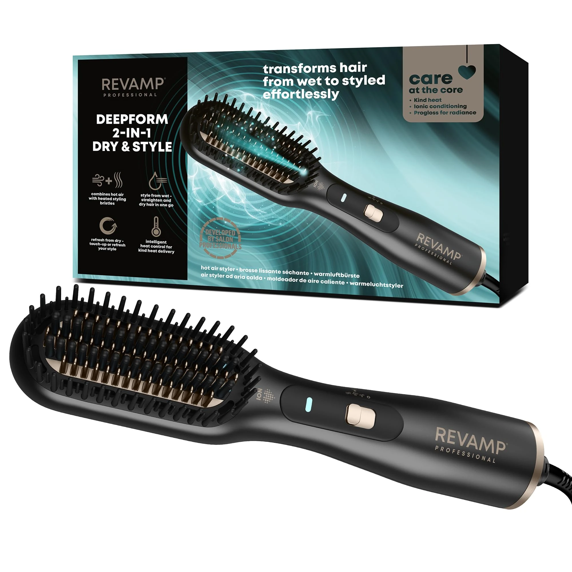 REVAMP Deepform Hair Straightener Brush, Ceramic Heated Styler - 2 in 1 Dry & Style, Hot Air for use on Wet Hair and Hot Brush for Dry - Smoothing Salon Professional Shine Oils